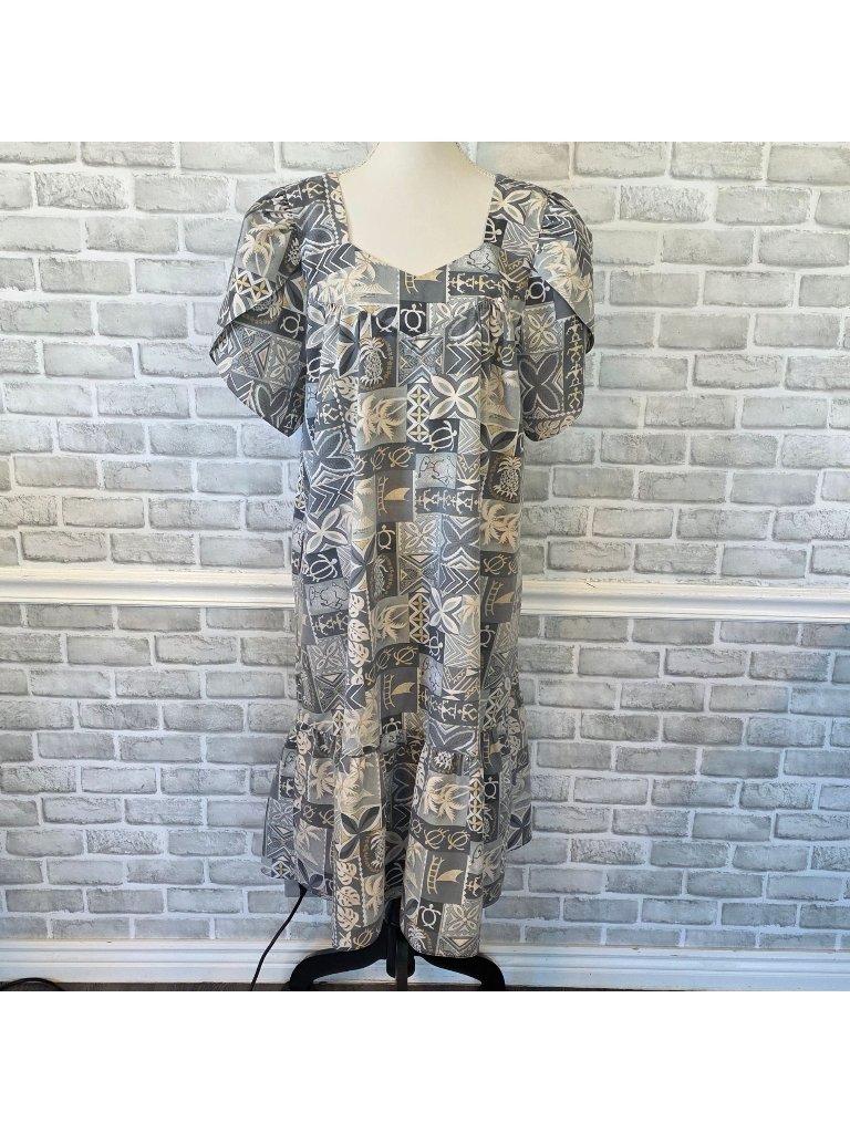 Vintage Hawaiian Togs Muumuu Dress Xl Blue Gray Tapa Print Coastal Tiki Tropical